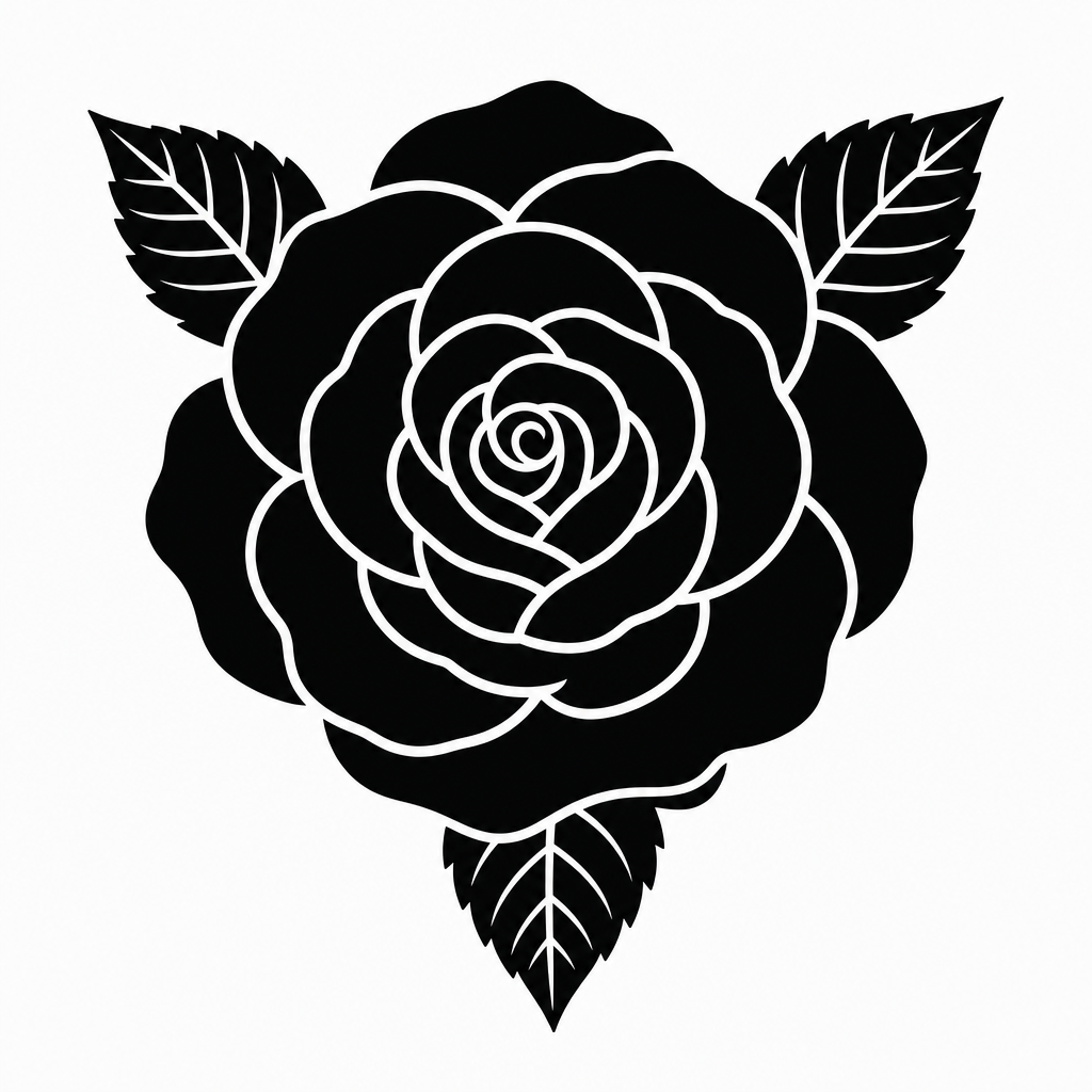 Tatouage rose blackwork vue de dessus, pétales noirs pleins séparés de fines lignes claires