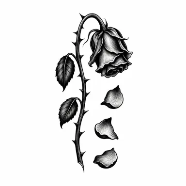Tatouage rose blackwork fanée, tête penchée et trois pétales qui tombent