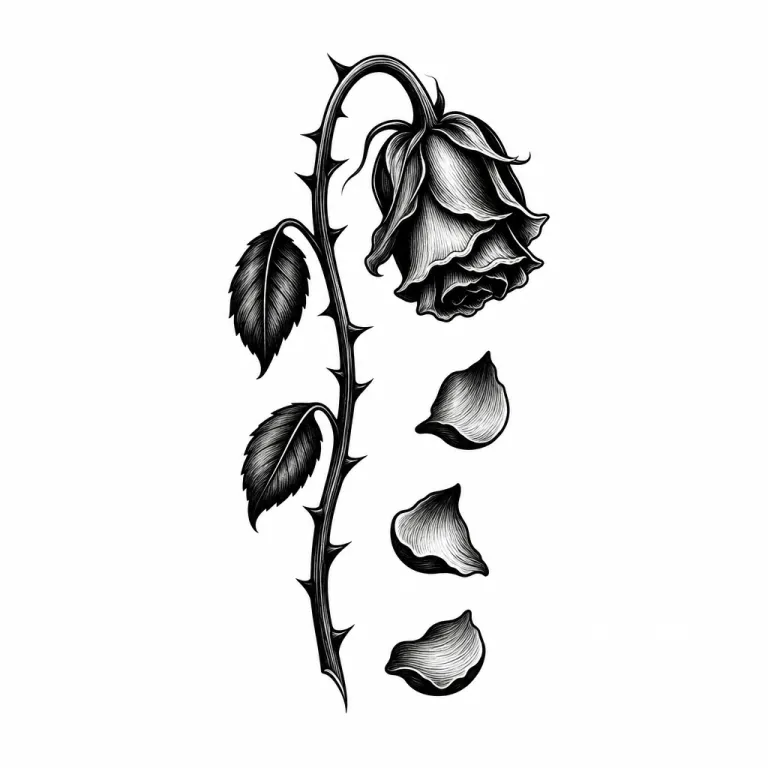 Tatouage rose blackwork fanée, tête penchée et trois pétales qui tombent