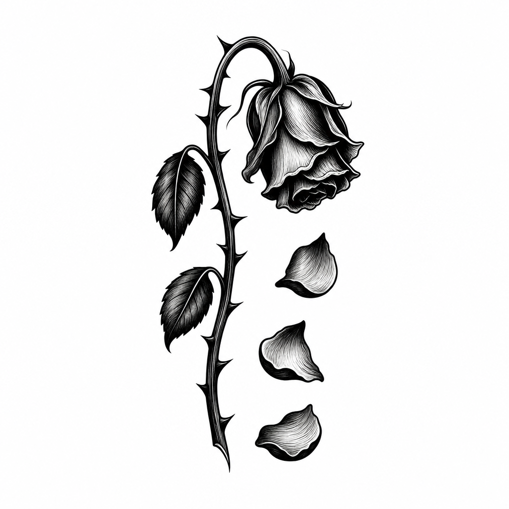 Tatouage rose blackwork fanée, tête penchée et trois pétales qui tombent