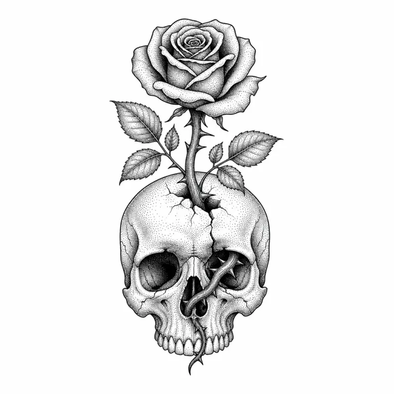 Tatouage rose dotwork qui pousse sur un crâne, la tige passant par une orbite