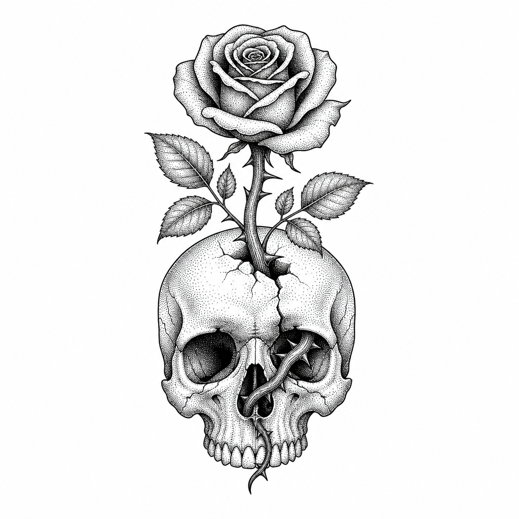Tatouage rose dotwork qui pousse sur un crâne, la tige passant par une orbite