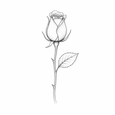 Tatouage rose fine line : un petit bouton de rose sur une tige courte, une feuille et deux épines