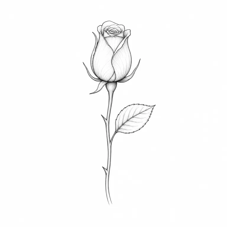 Tatouage rose fine line : un petit bouton de rose sur une tige courte, une feuille et deux épines