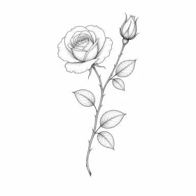 Tatouage rose fine line : une branche avec une fleur ouverte et un bouton fermé