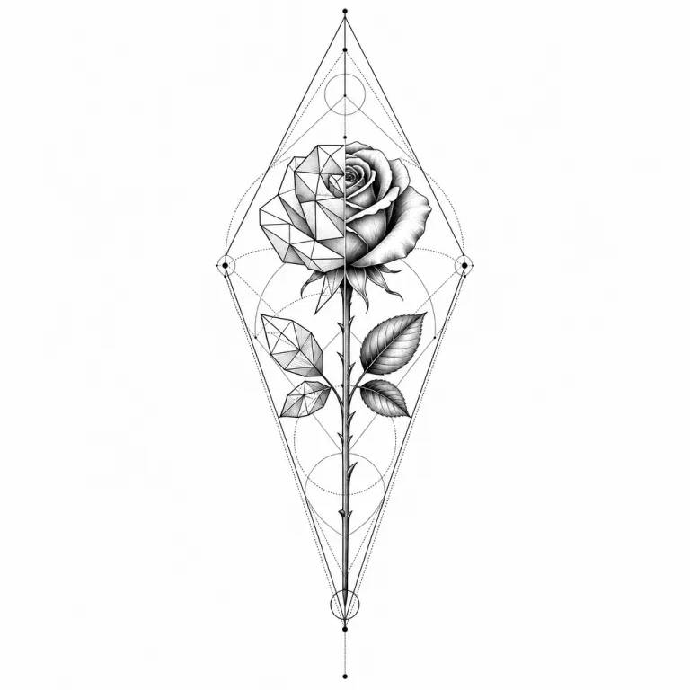 Tatouage rose géométrique à longue tige dans un losange, une moitié de la fleur en facettes