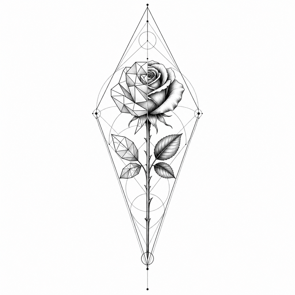 Tatouage rose géométrique à longue tige dans un losange, une moitié de la fleur en facettes
