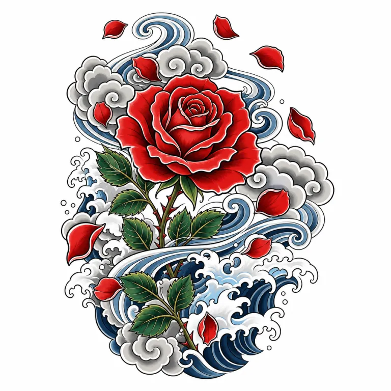 Tatouage rose de style japonais entourée de nuages stylisés et de pétales portés par le vent
