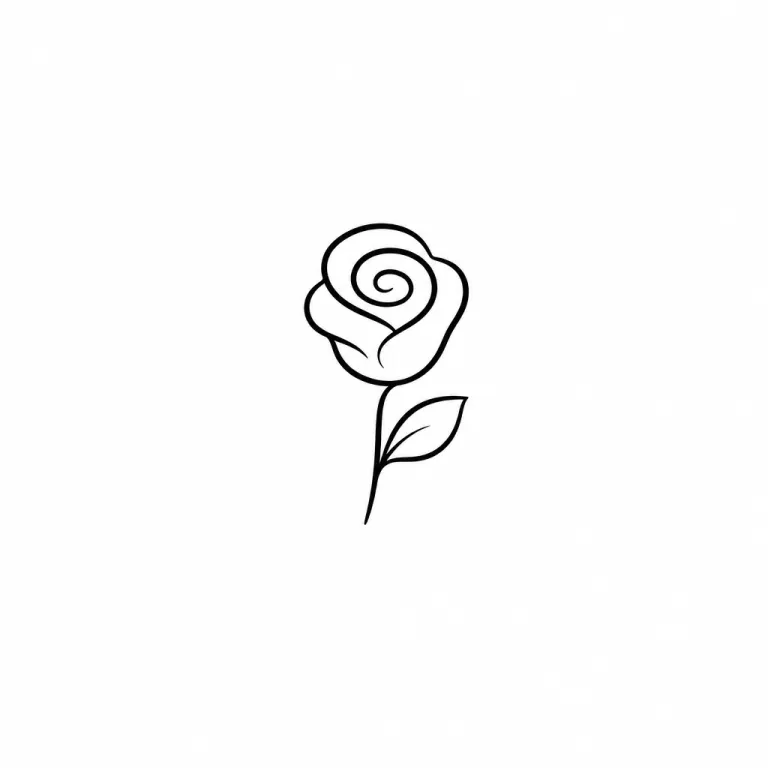 Tatouage rose minimaliste : une spirale, une feuille et un trait pour la tige