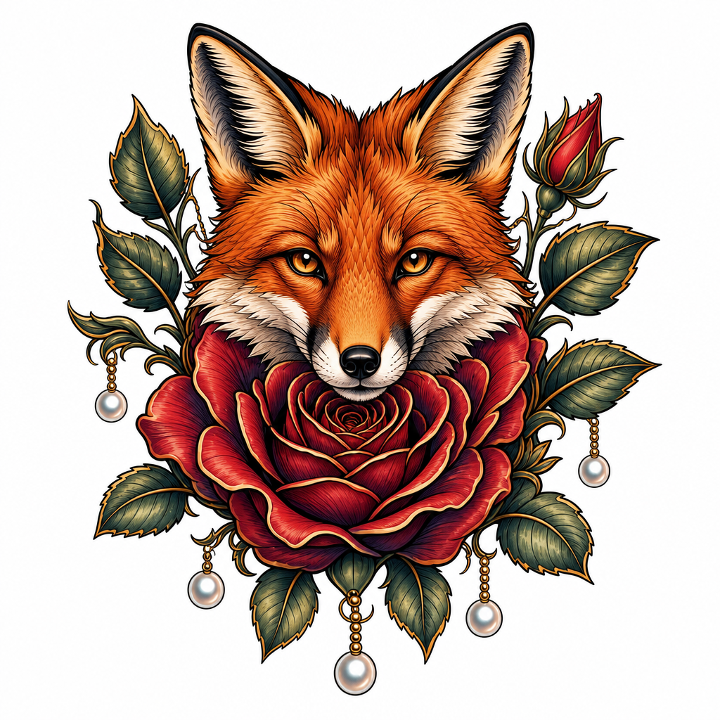 Tatouage rose néo-traditionnel encadrant une tête de renard, avec feuilles et perles