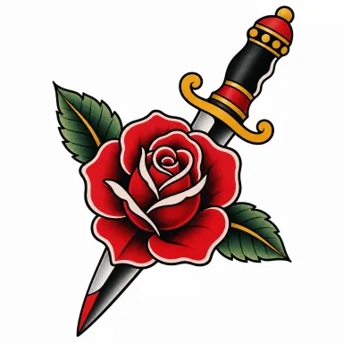 Tatouage rose old school à pétales enroulés, traversée en diagonale par un poignard