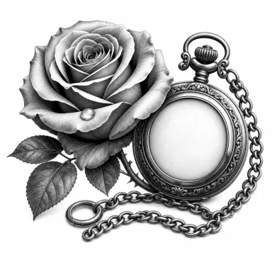 Tatouage rose réaliste en noir et gris, une goutte d'eau sur un pétale, près d'une montre à gousset