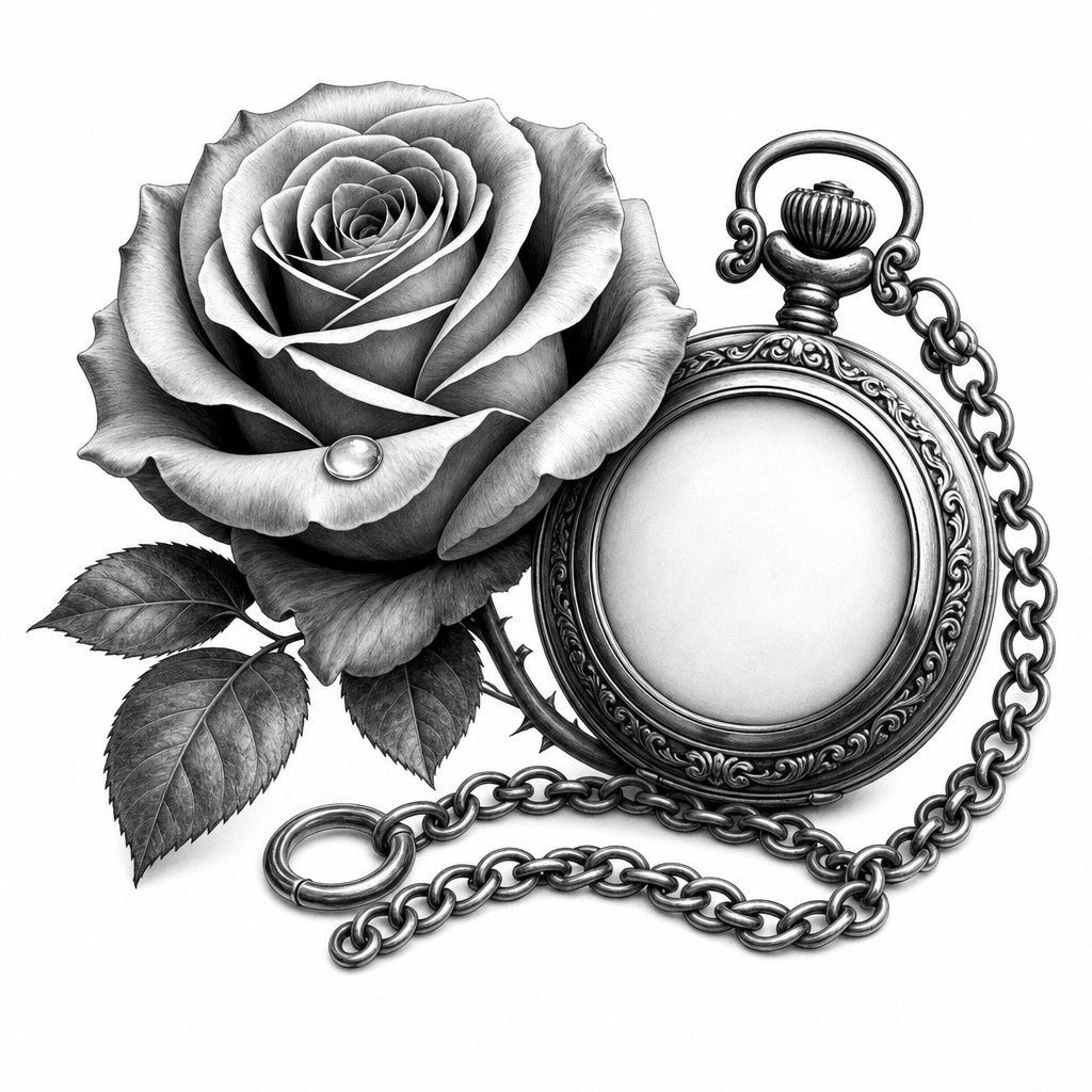 Tatouage rose réaliste en noir et gris, une goutte d'eau sur un pétale, près d'une montre à gousset