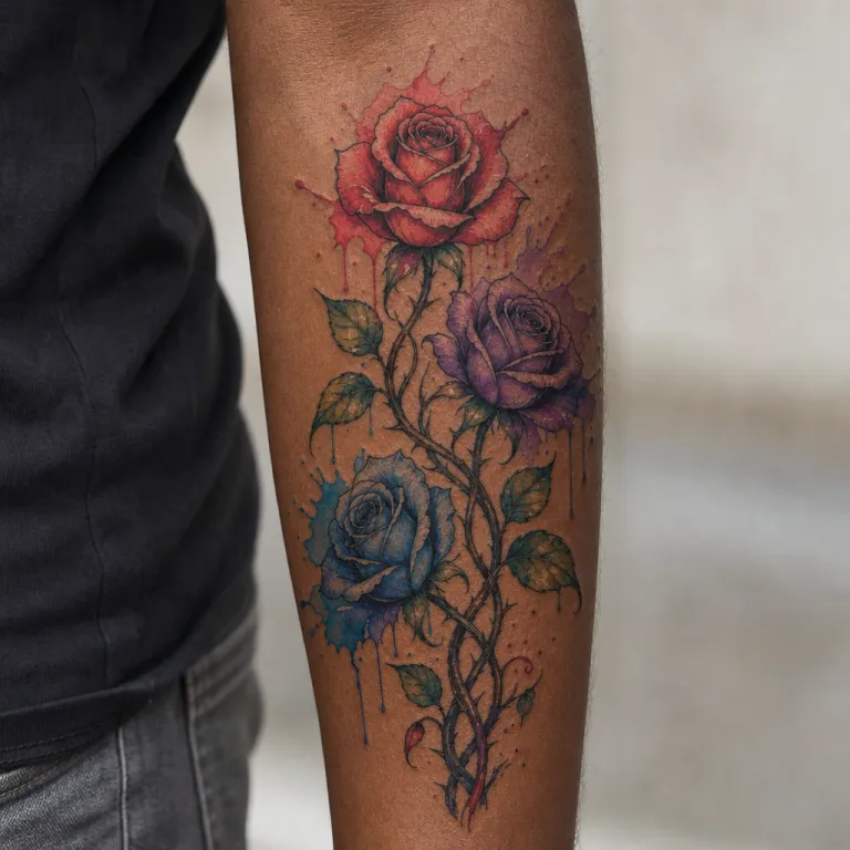 Tatouage de trois roses aquarelle sur l'avant-bras d'un homme (simulation IA)