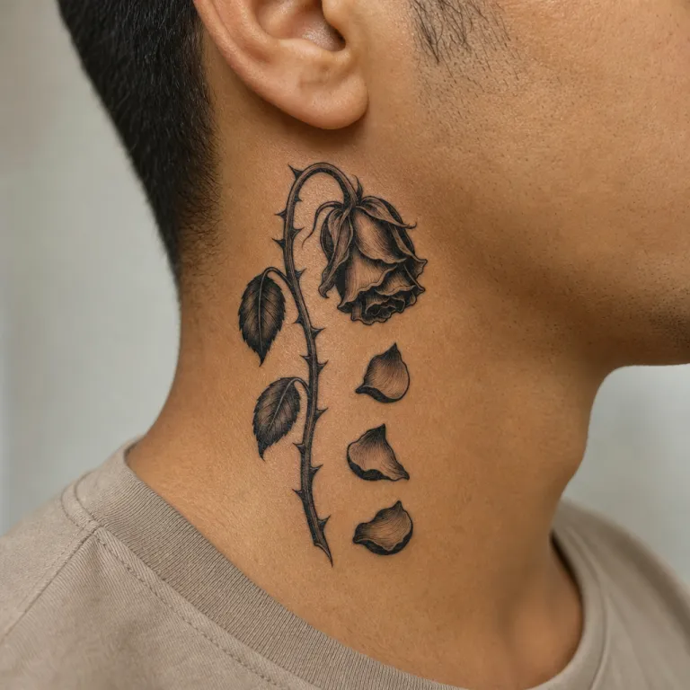 Tatouage rose blackwork sur le côté du cou d'un homme (simulation IA)