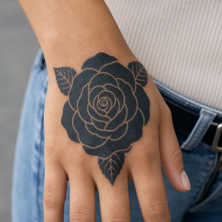 Tatouage rose blackwork sur le dos de la main d'une femme (simulation IA)