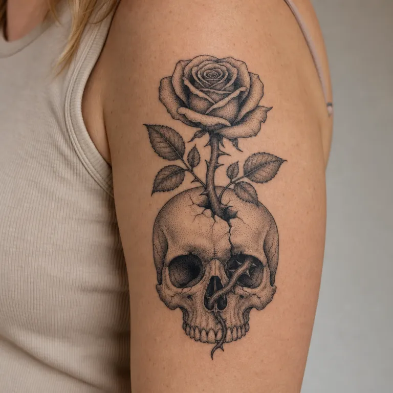 Tatouage rose dotwork sur le haut du bras d'une femme (simulation IA)