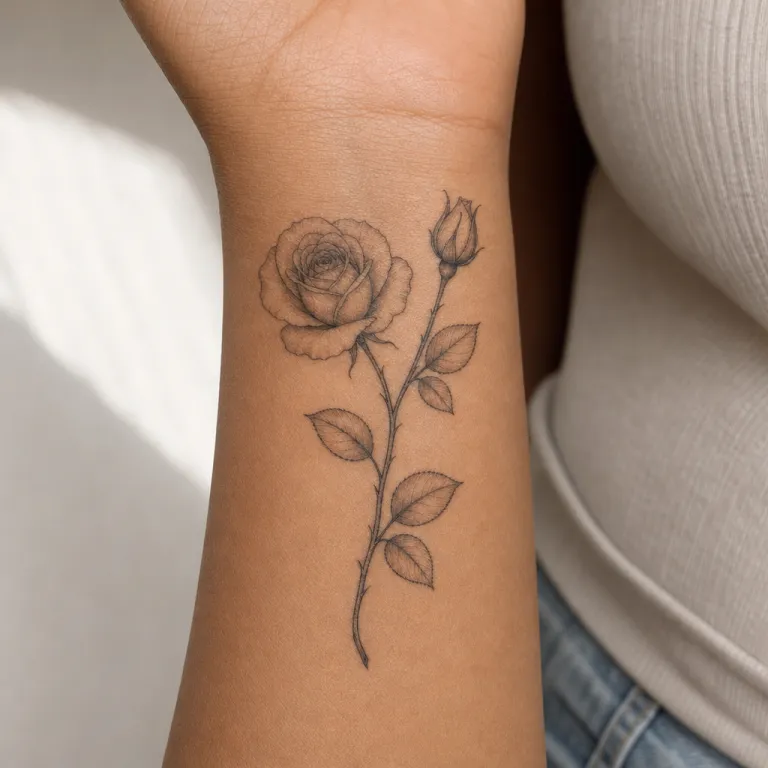 Tatouage rose fine line à l'intérieur du poignet d'une femme (simulation IA)