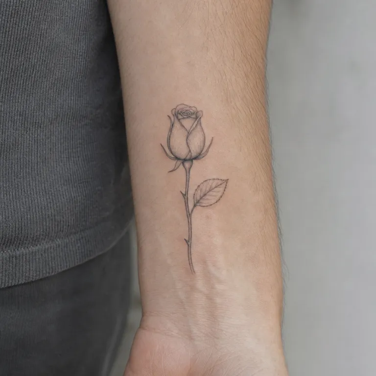 Tatouage rose fine line à l'intérieur du poignet d'un homme (simulation IA)