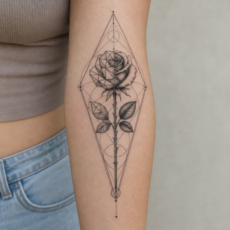 Tatouage rose géométrique sur l'avant-bras d'une femme (simulation IA)
