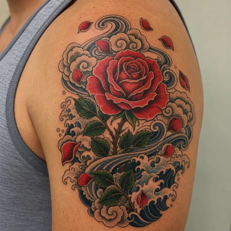 Tatouage rose de style japonais sur l'épaule d'un homme (simulation IA)