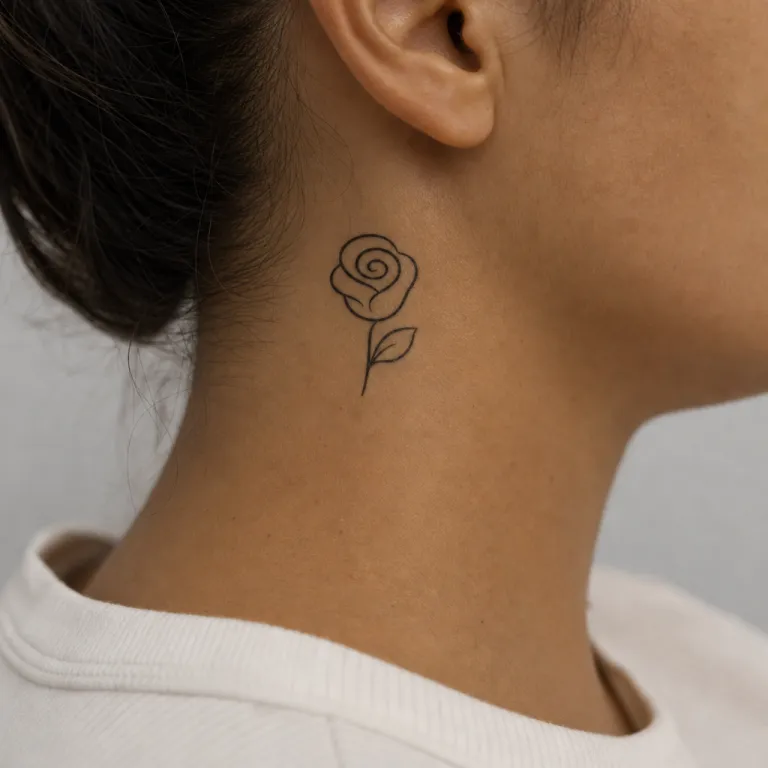 Tatouage rose minimaliste sur le côté du cou d'une femme (simulation IA)