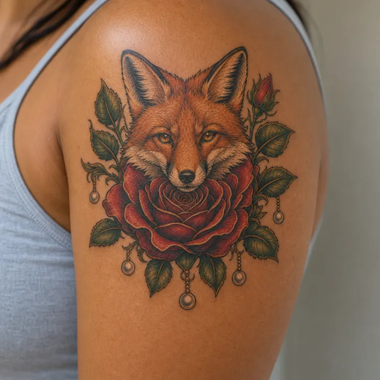 Tatouage rose néo-traditionnel sur l'épaule d'une femme (simulation IA)