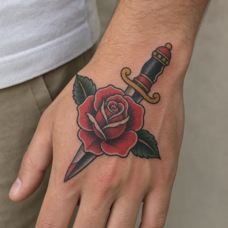 Tatouage rose old school sur le dos de la main d'un homme (simulation IA)