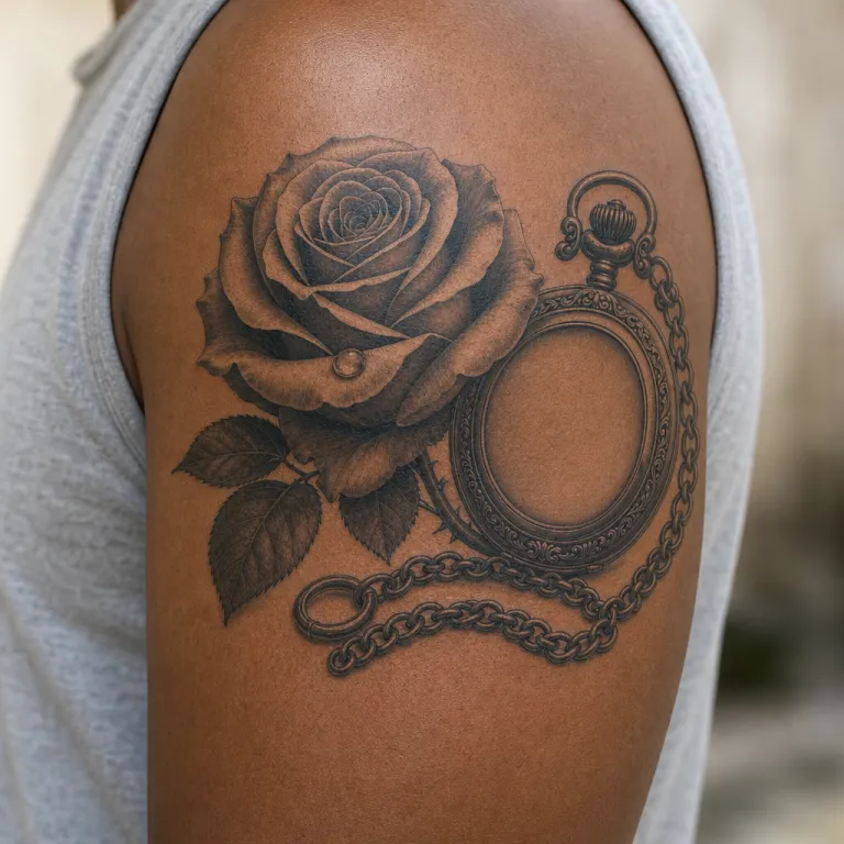 Tatouage rose réaliste sur le haut du bras d'un homme (simulation IA)