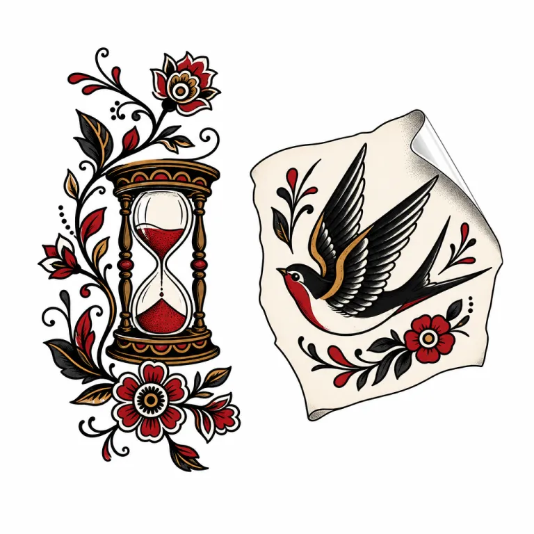 Illustration façon flash : un sablier entouré d'une liane de fleurs, à côté d'une feuille de tatouage à décalquer