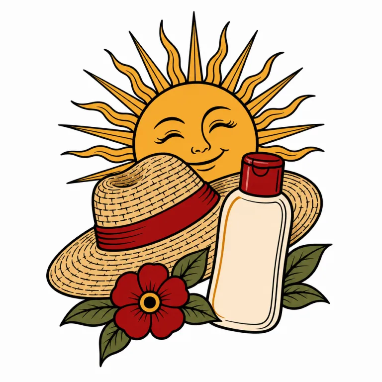 Illustration façon flash : un soleil souriant à moitié caché par un chapeau de paille, avec un flacon sans étiquette